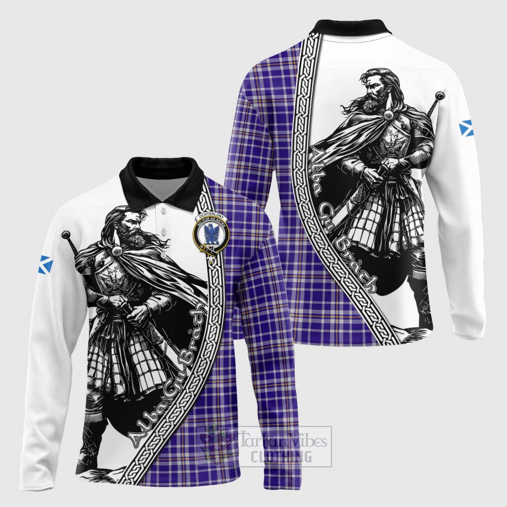 Ochterlony Tartan Clan Crest Long Sleeve Polo Shirt with Highlander Warrior Celtic Style Unisex - Tartan Vibes Clothing