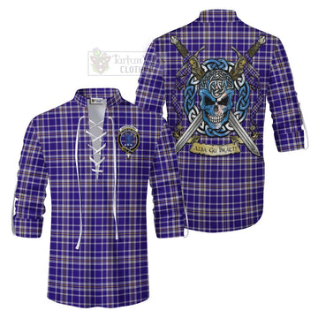 Ochterlony Tartan Ghillie Kilt Shirt with Family Crest Celtic Skull Style Men - Tartan Vibes Clothing