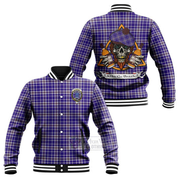 Ochterlony Tartan Baseball Jacket with Family Crest and Bearded Skull Holding Bottles of Whiskey Unisex - Tartan Vibes Clothing