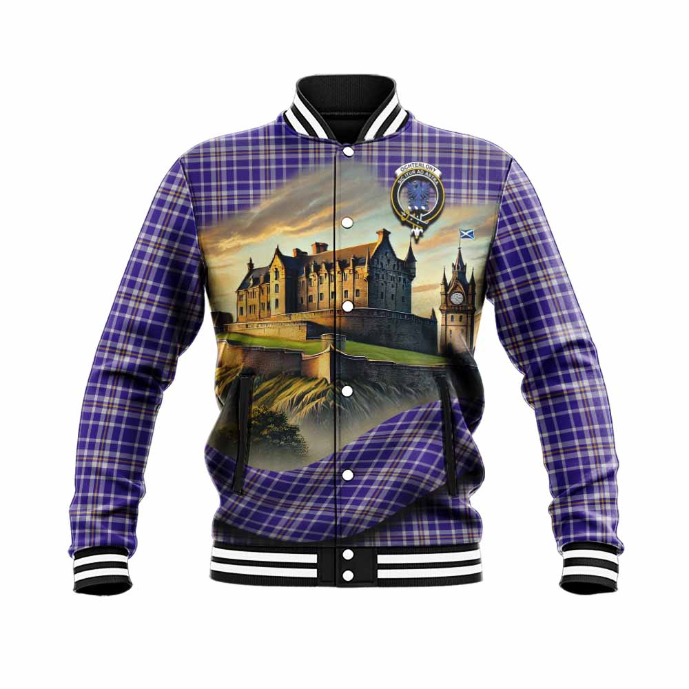 Ochterlony Tartan Family Crest Baseball Jacket with Scottish Ancient Castle Style Unisex - Tartan Vibes Clothing