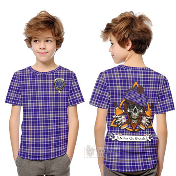 Ochterlony Tartan Kid T-Shirt with Family Crest and Bearded Skull Holding Bottles of Whiskey Youth XL Size14 - Tartan Vibes Clothing