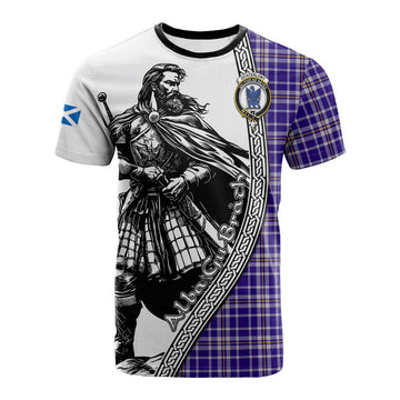 Ochterlony Tartan Clan Crest Cotton T-shirt with Highlander Warrior Celtic Style