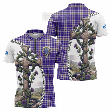 Ochterlony Tartan Zipper Polo Shirt with Family Crest and St. Andrew's Cross Accented by Thistle Vines Unisex - Tartan Vibes Clothing
