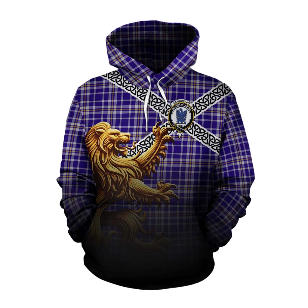 Ochterlony Crest Tartan Cotton Hoodie with Golden Lion Emblem Celtic Style Pullover Hoodie XS - Tartan Vibes Clothing