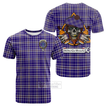 Ochterlony Tartan Cotton T-shirt with Family Crest and Bearded Skull Holding Bottles of Whiskey