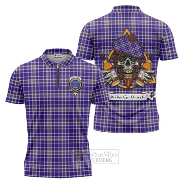 Ochterlony Tartan Zipper Polo Shirt with Family Crest and Bearded Skull Holding Bottles of Whiskey Unisex - Tartan Vibes Clothing