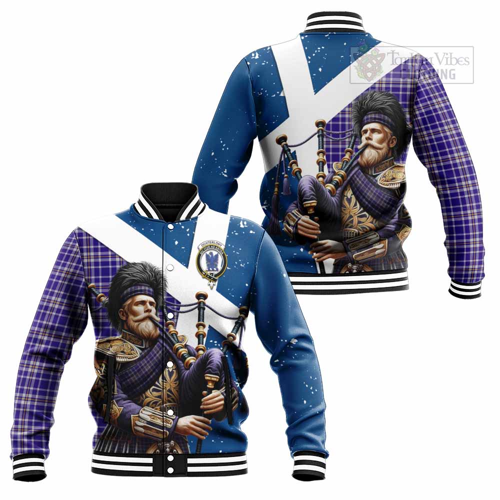 Ochterlony Tartan Baseball Jacket with Family Crest Scottish Bagpiper Vibes Unisex - Tartan Vibes Clothing