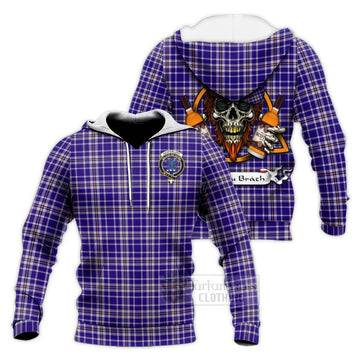 Ochterlony Tartan Knitted Hoodie with Family Crest and Bearded Skull Holding Bottles of Whiskey Unisex Knitted Pullover Hoodie - Tartan Vibes Clothing