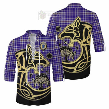 Ochterlony Tartan Ghillie Kilt Shirt with Family Crest Celtic Wolf Style Men - Tartan Vibes Clothing