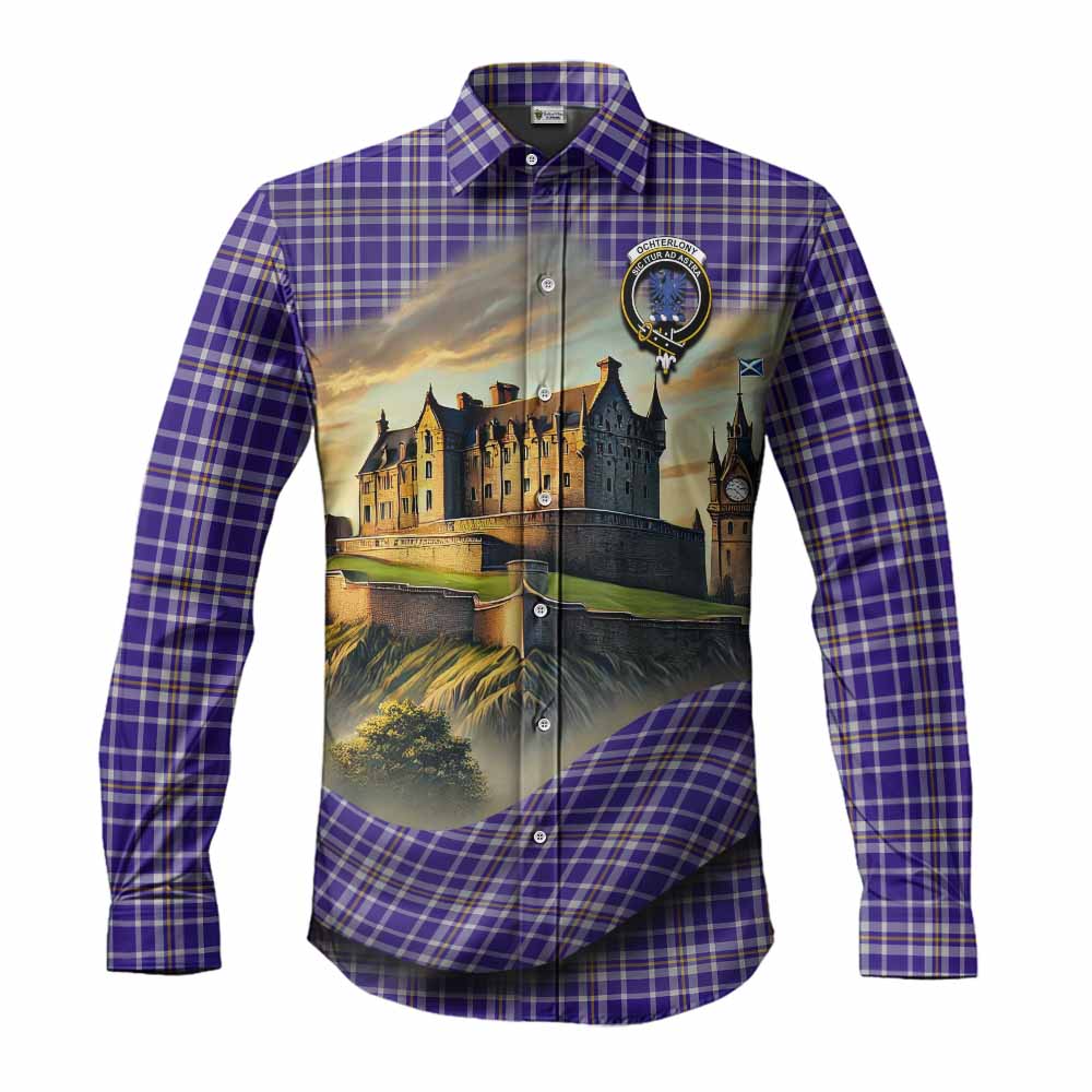 Tartan Vibes Clothing Ochterlony Tartan Family Crest Long Sleeve Button Shirt with Scottish Ancient Castle Style