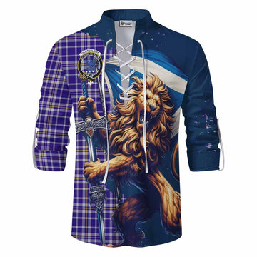 Ochterlony Tartan Family Crest Ghillie Kilt Shirt with Scottish Majestic Lion Men - Tartan Vibes Clothing