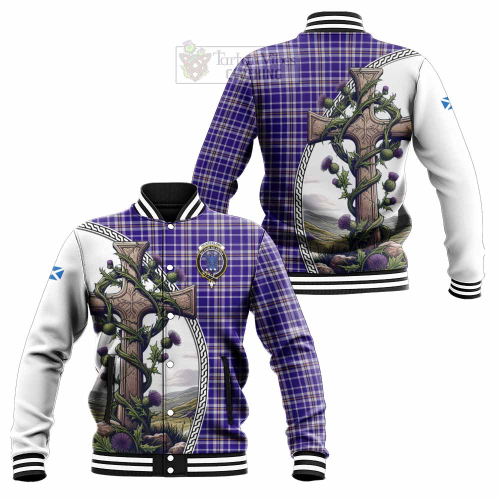 Ochterlony Tartan Baseball Jacket with Family Crest and St. Andrew's Cross Accented by Thistle Vines Unisex - Tartan Vibes Clothing
