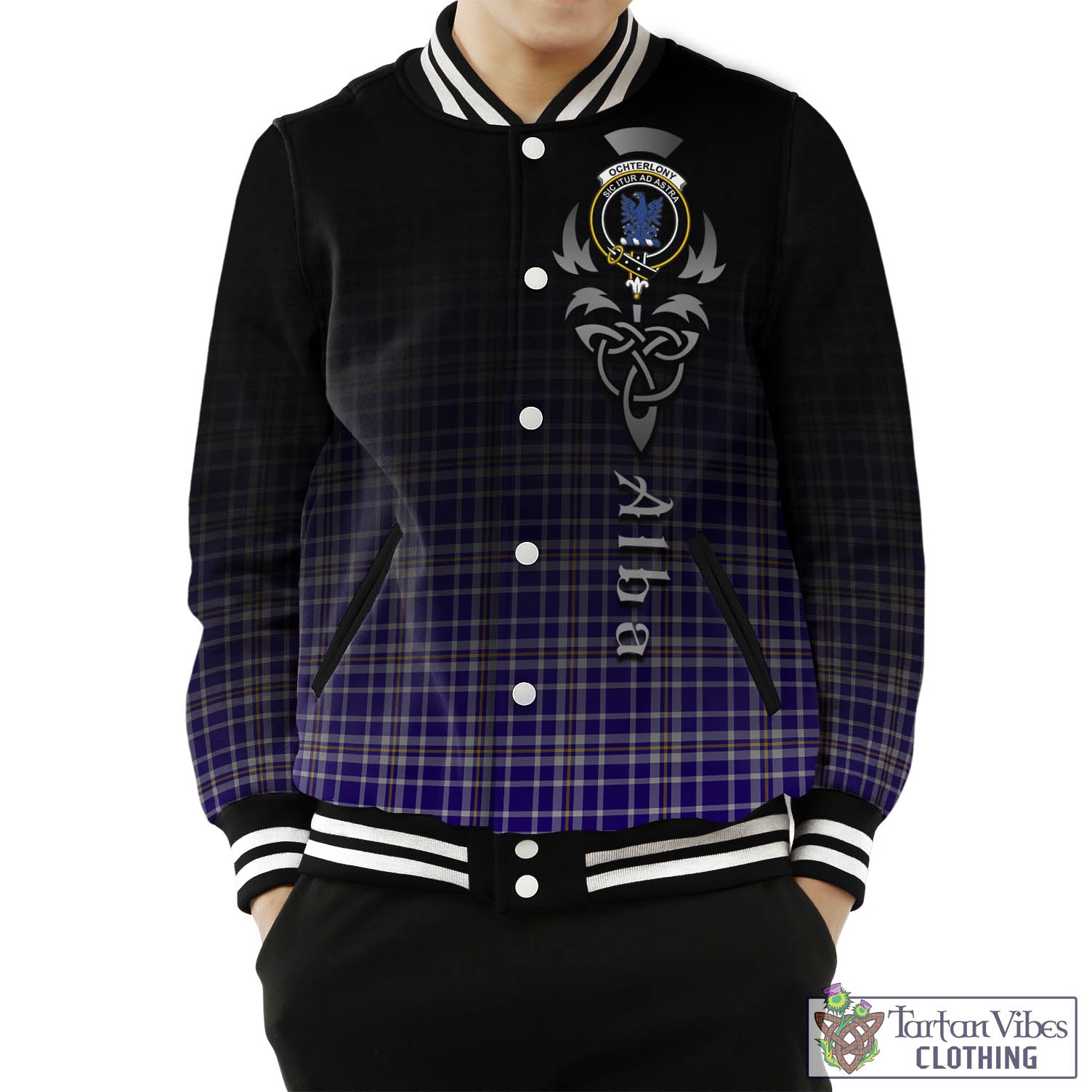 Ochterlony Tartan Baseball Jacket Featuring Alba Gu Brath Family Crest Celtic Inspired Unisex - Tartan Vibes Clothing