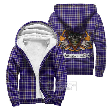 Ochterlony Tartan Sherpa Hoodie with Family Crest and Bearded Skull Holding Bottles of Whiskey Unisex S - Tartan Vibes Clothing