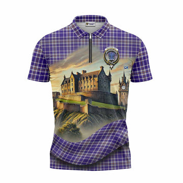 Ochterlony Tartan Family Crest Zipper Polo Shirt with Scottish Ancient Castle Style Unisex - Tartan Vibes Clothing