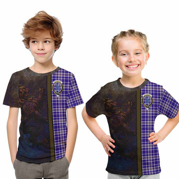 Tartan Vibes Clothing Ochterlony Tartan Family Crest Kid T-Shirt Alba Gu Brath Be Brave Lion Ancient Style