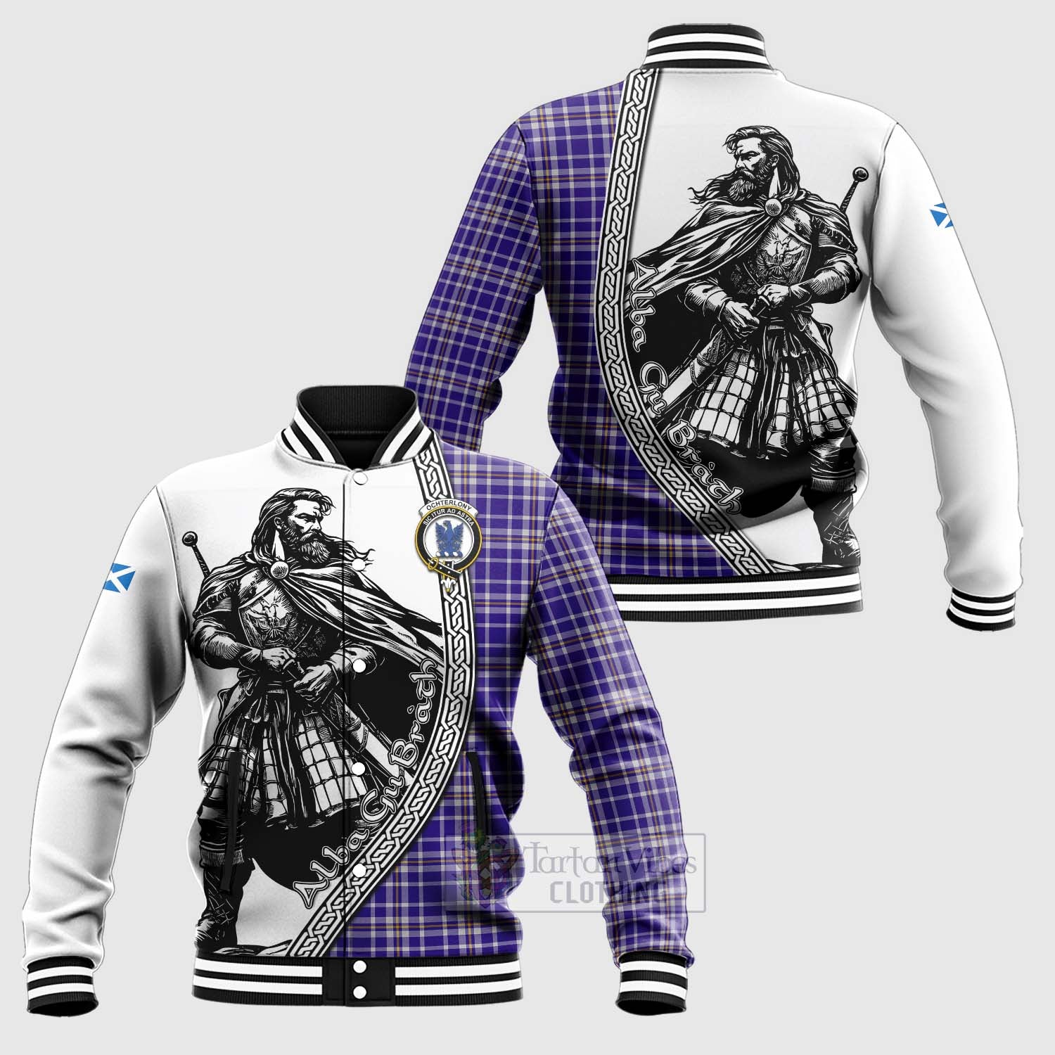 Ochterlony Tartan Clan Crest Baseball Jacket with Highlander Warrior Celtic Style Unisex - Tartan Vibes Clothing