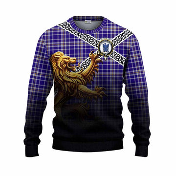 Ochterlony Crest Tartan Knitted Sweater with Golden Lion Emblem Celtic Style Unisex - Tartan Vibes Clothing