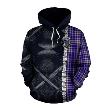 Ochterlony Tartan Cotton Hoodie with Family Crest Cross Sword Thistle Celtic Vibes Pullover Hoodie XS - Tartan Vibes Clothing