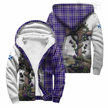 Ochterlony Tartan Sherpa Hoodie with Family Crest and St. Andrew's Cross Accented by Thistle Vines Unisex S - Tartan Vibes Clothing