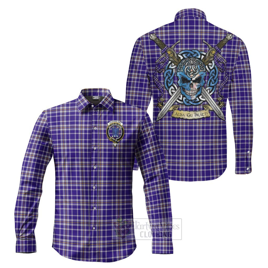Ochterlony Tartan Long Sleeve Button Shirt with Family Crest Celtic Skull Style Men's Shirt S - Tartan Vibes Clothing