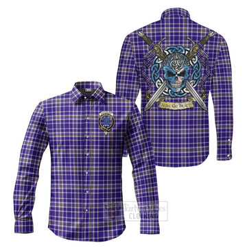 Ochterlony Tartan Long Sleeve Button Shirt with Family Crest Celtic Skull Style Men's Shirt S - Tartan Vibes Clothing