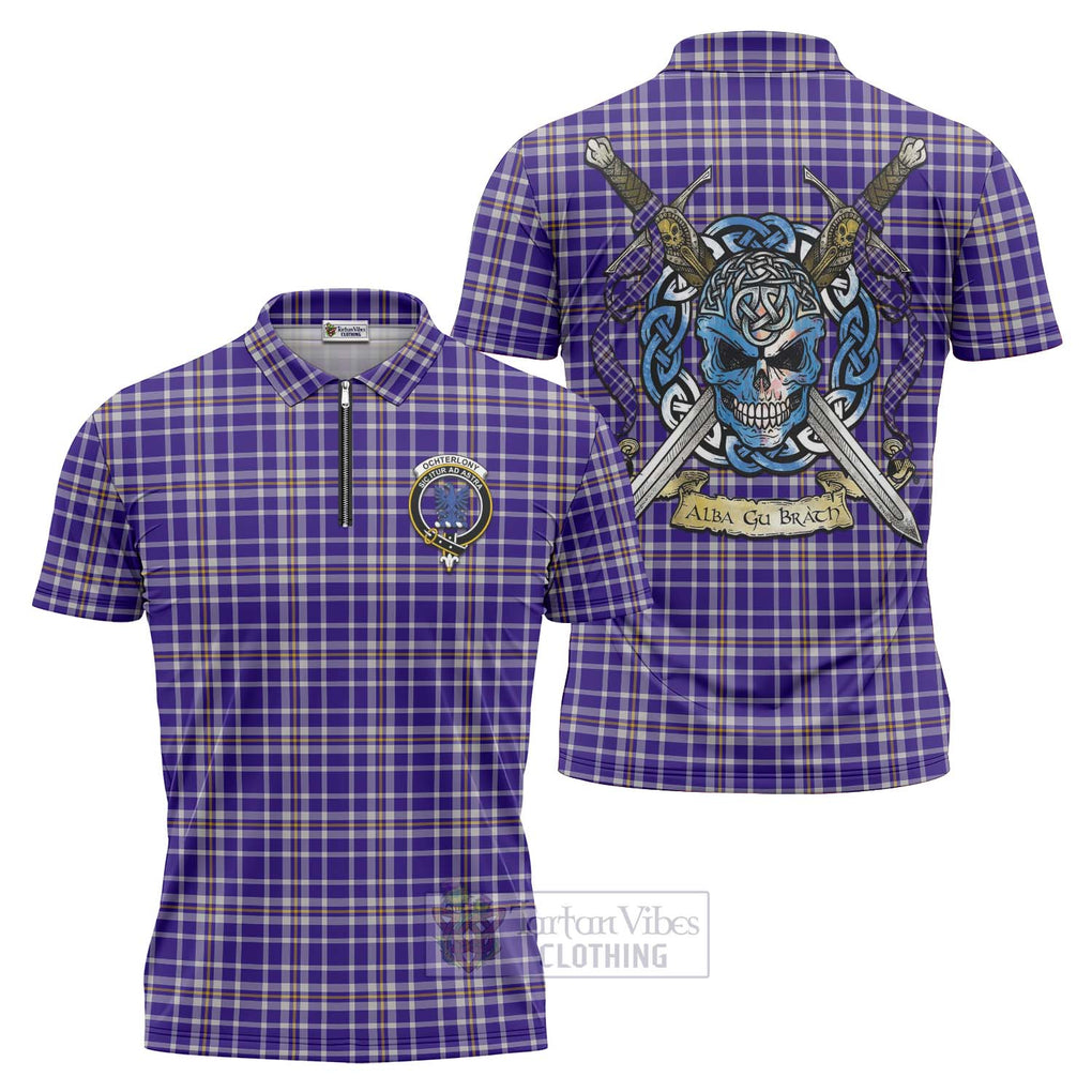 Ochterlony Tartan Zipper Polo Shirt with Family Crest Celtic Skull Style Unisex - Tartan Vibes Clothing