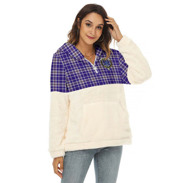 Ochterlony Tartan Half Style Women's Borg Fleece Hoodie with Half Zip with Family Crest Female - Tartan Vibes Clothing