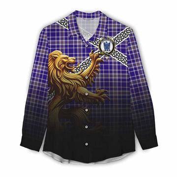 Ochterlony Crest Tartan Women's Casual Shirt with Golden Lion Emblem Celtic Style Female - Tartan Vibes Clothing