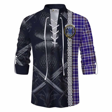 Ochterlony Tartan Ghillie Kilt Shirt with Family Crest Cross Sword Thistle Celtic Vibes Men - Tartan Vibes Clothing