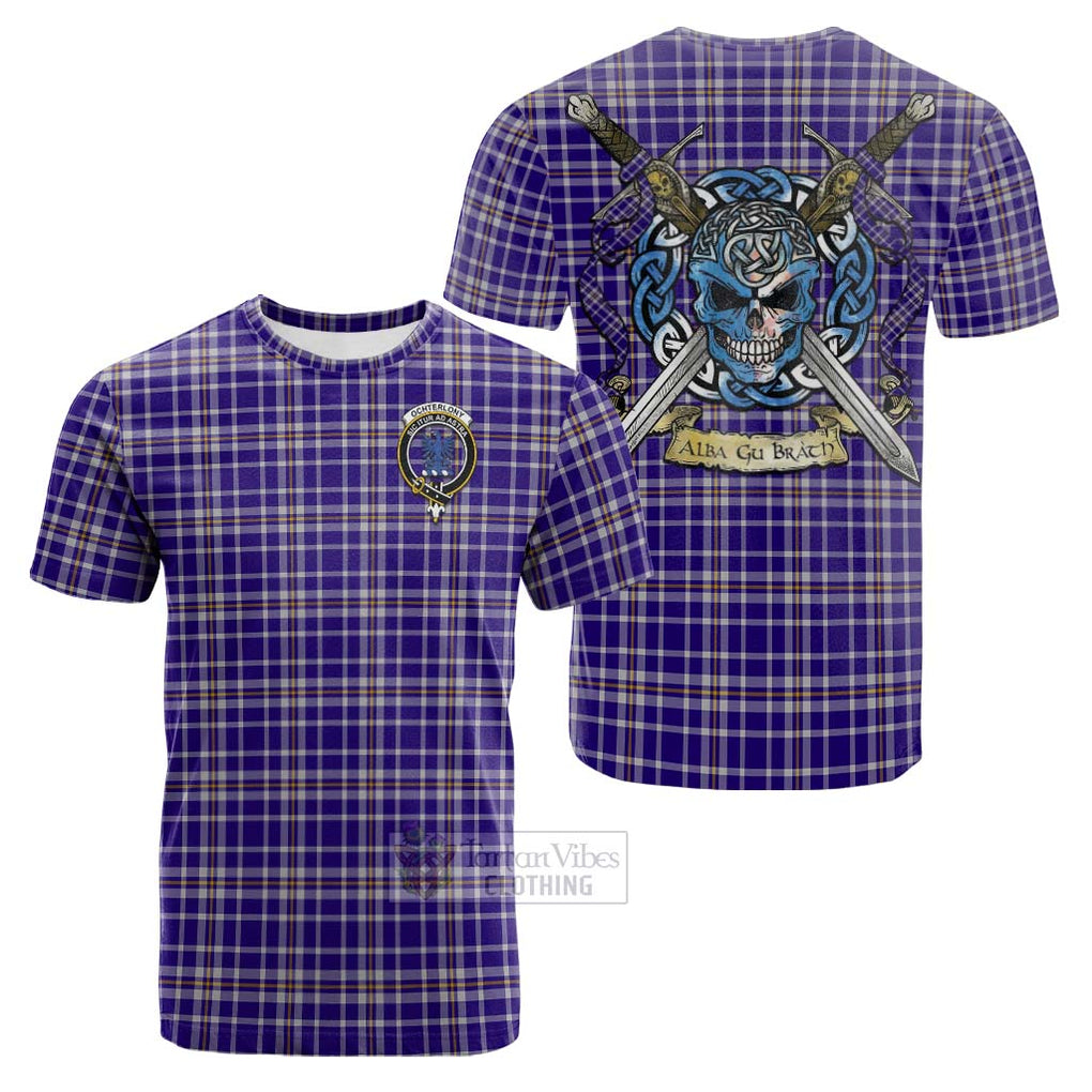 Tartan Vibes Clothing Ochterlony Tartan Cotton T-shirt with Family Crest Celtic Skull Style