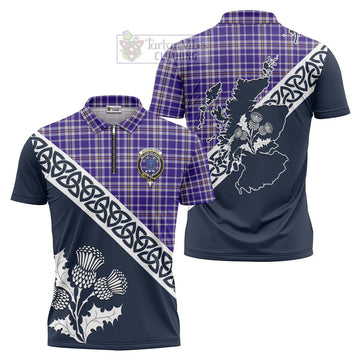 Ochterlony Tartan Zipper Polo Shirt Featuring Thistle and Scotland Map Unisex - Tartanvibesclothing Store