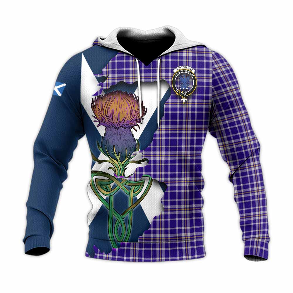 Ochterlony Tartan Family Crest Knitted Hoodie Scottish Thistle Celtic Inspired Unisex Knitted Pullover Hoodie - Tartan Vibes Clothing