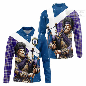 Ochterlony Tartan Long Sleeve Polo Shirt with Family Crest Scottish Bagpiper Vibes Unisex - Tartan Vibes Clothing