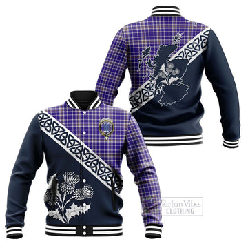 Ochterlony Tartan Baseball Jacket Featuring Thistle and Scotland Map Unisex - Tartan Vibes Clothing