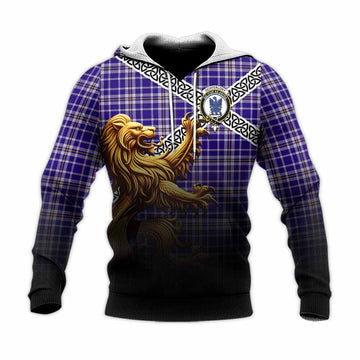 Tartan Vibes Clothing Ochterlony Crest Tartan Knitted Hoodie with Golden Lion Emblem Celtic Style