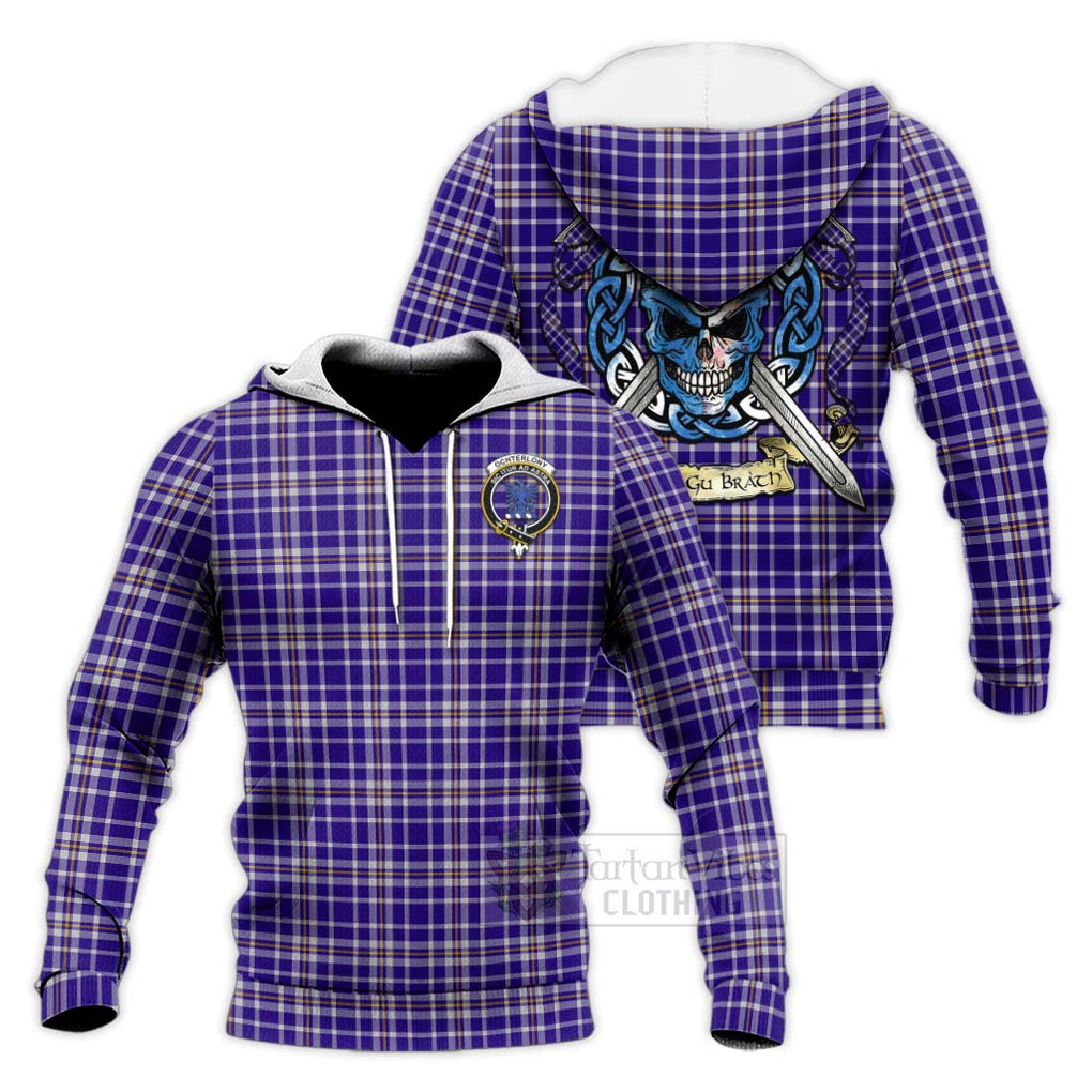 Ochterlony Tartan Knitted Hoodie with Family Crest Celtic Skull Style Unisex Knitted Pullover Hoodie - Tartan Vibes Clothing