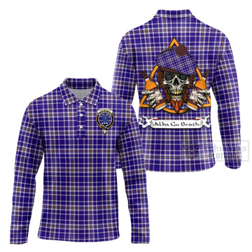Ochterlony Tartan Long Sleeve Polo Shirt with Family Crest and Bearded Skull Holding Bottles of Whiskey Unisex - Tartan Vibes Clothing