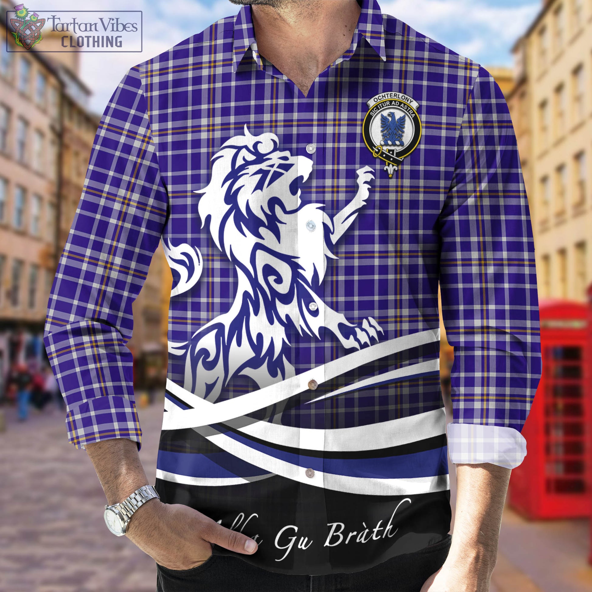Ochterlony Tartan Long Sleeve Button Up Shirt with Alba Gu Brath Regal Lion Emblem Men's Shirt - Tartan Vibes Clothing