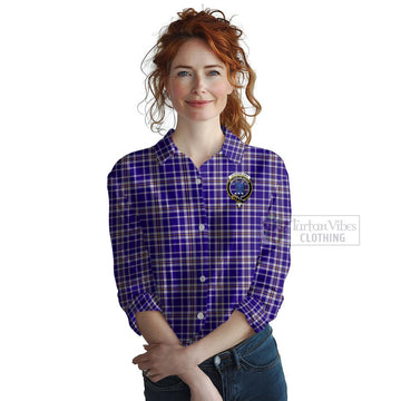 Ochterlony Tartan Women's Casual Shirt with Family Crest and Bearded Skull Holding Bottles of Whiskey Female - Tartan Vibes Clothing