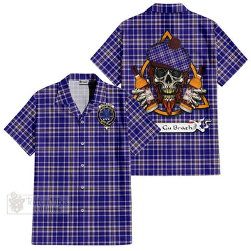 Ochterlony Tartan Hawaiian Shirt with Family Crest and Bearded Skull Holding Bottles of Whiskey Kid - Tartan Vibes Clothing