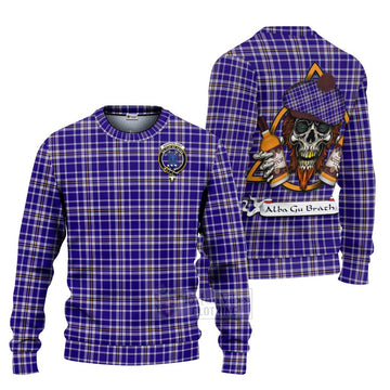Ochterlony Tartan Ugly Sweater with Family Crest and Bearded Skull Holding Bottles of Whiskey Unisex - Tartan Vibes Clothing