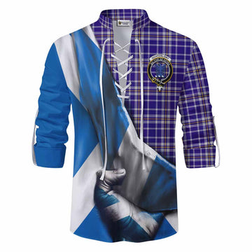 Ochterlony Tartan Ghillie Kilt Shirt with Family Crest Scotland Patriotic Style Men - Tartan Vibes Clothing