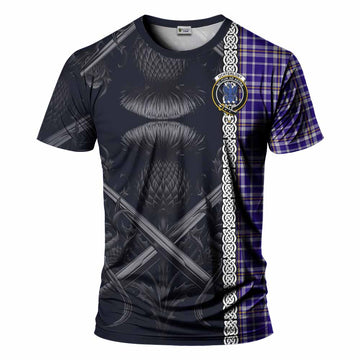Ochterlony Tartan T-Shirt with Family Crest Cross Sword Thistle Celtic Vibes