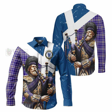 Ochterlony Tartan Long Sleeve Button Shirt with Family Crest Scottish Bagpiper Vibes Men's Shirt - Tartan Vibes Clothing