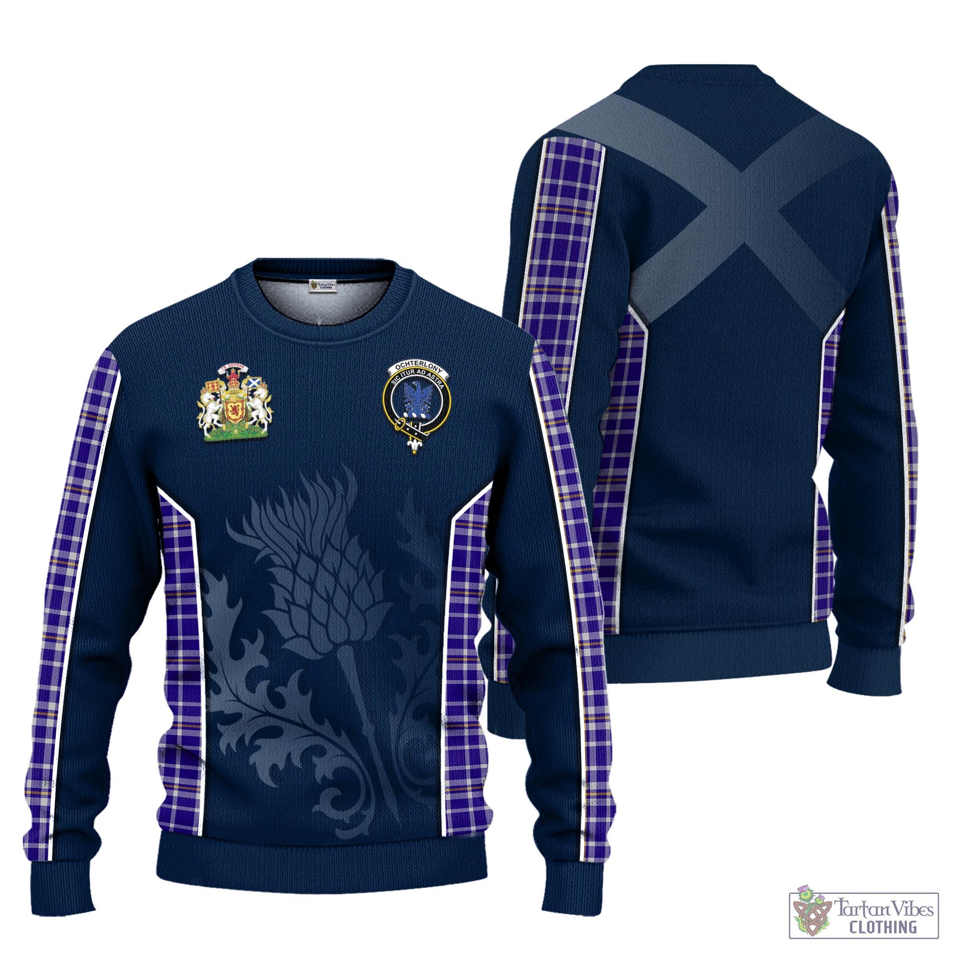 Ochterlony Tartan Knitted Sweatshirt with Family Crest and Scottish Thistle Vibes Sport Style Unisex - Tartan Vibes Clothing