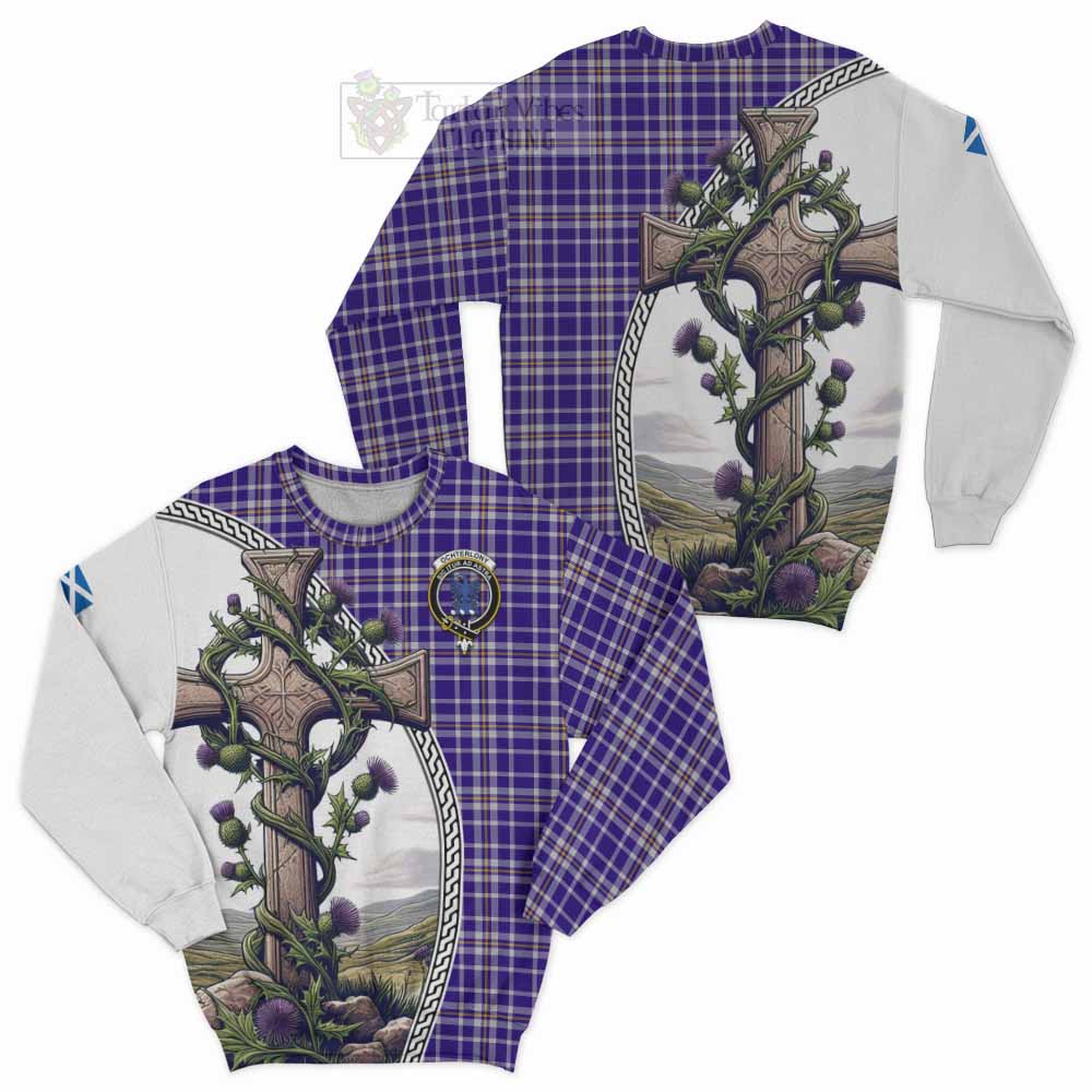 Ochterlony Tartan Sweatshirt with Family Crest and St. Andrew's Cross Accented by Thistle Vines Unisex - Tartan Vibes Clothing