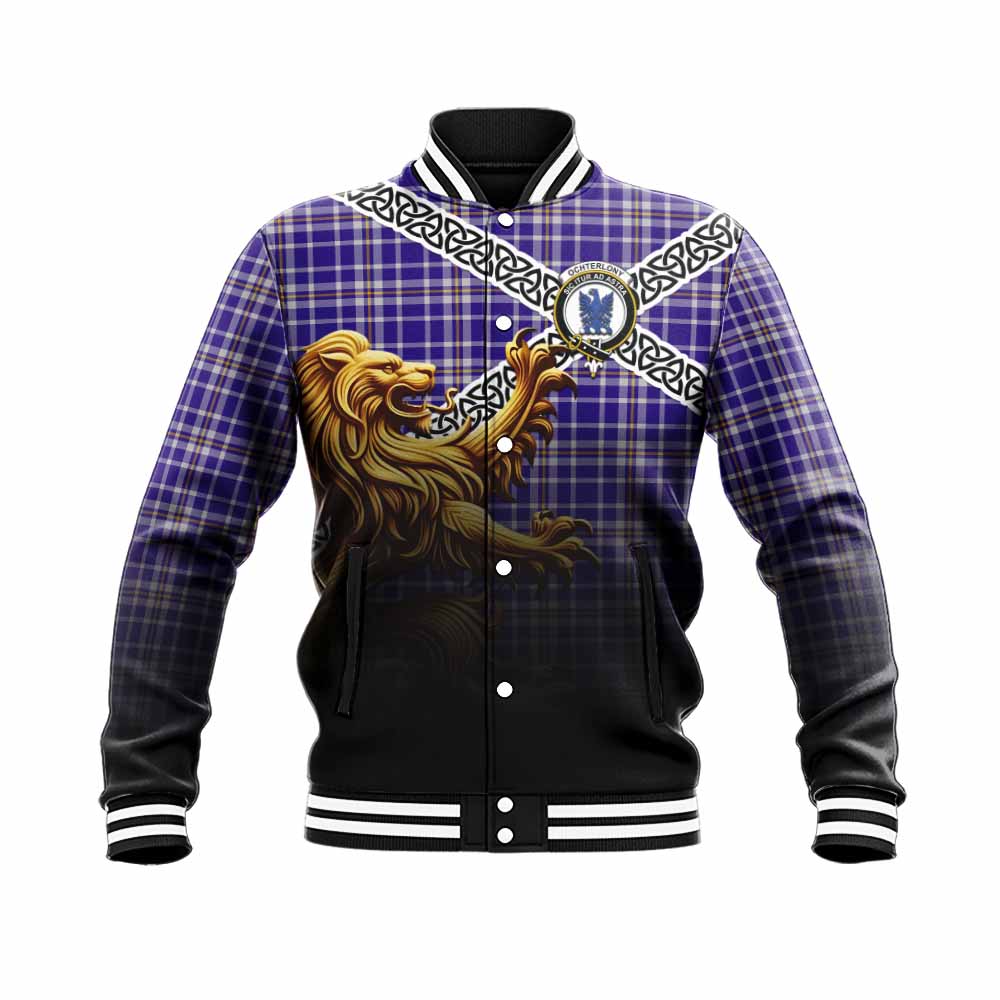Ochterlony Crest Tartan Baseball Jacket with Golden Lion Emblem Celtic Style Unisex - Tartan Vibes Clothing
