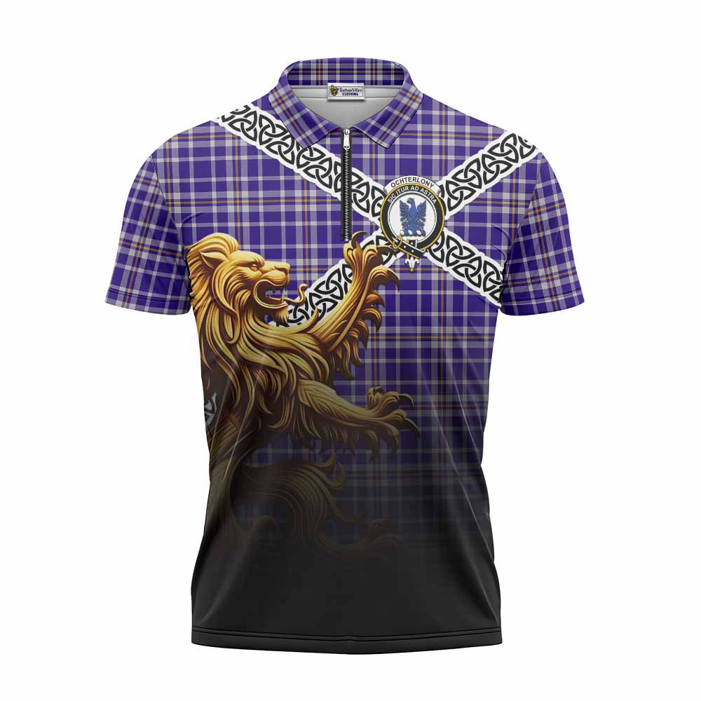 Ochterlony Crest Tartan Zipper Polo Shirt with Golden Lion Emblem Celtic Style Unisex - Tartan Vibes Clothing