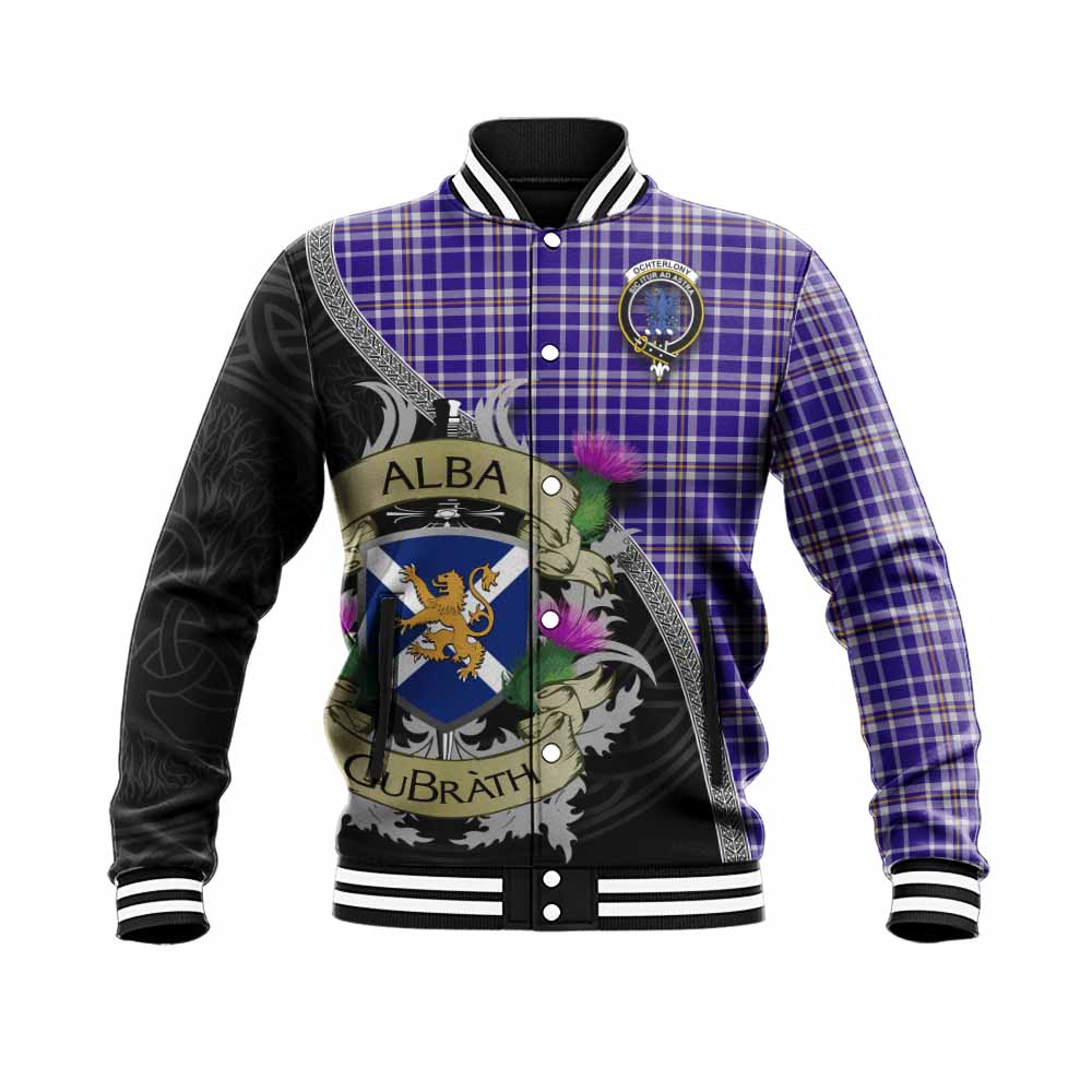 Ochterlony Tartan Family Crest Baseball Jacket Lion Rampant Royal Thistle Shield Celtic Inspired Unisex - Tartan Vibes Clothing